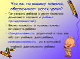 Что же, по вашему мнению, обеспечивает успех урока? Готовность ребёнка к уроку (наличие домашнего задания и учебных принадлежностей) Внимательность и познавательная активность ребёнка Осведомлённость родителей о том, как обстоят учебные дела ребёнка, заинтересованность их в успешной учебной деятельн