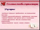 Упрощение. разбивка сложного предложения на сокращенные простые; • замена сложноподчинённого предложения простым. • перевод диалога или прямой речи в косвенную; • замена фрагмента текста синонимичным выражением; • формулирование мысли своими словами.