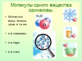 Молекулы одного вещества одинаковы. Молекула воды всегда одна и та же и в снежинке и в паре и в соке