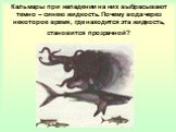 Кальмары при нападении на них выбрасывают темно – синею жидкость. Почему вода через некоторое время, где находится эта жидкость, становится прозрачной?