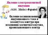 Явление электромагнитной индукции. 1831г. Майкл Фарадей Явление возникновения индукционного тока в замкнутом контуре при изменении магнитного потока, пронизывающего контур