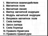 Магнитное взаимодействие Магнитное поле Магнитная линия Вектор магнитной индукции Модуль магнитной индукции Вихревое магнитное поле Сила Ампера Закон Ампера Сила Лоренца Правило буравчика Правило правой руки