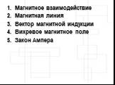 Магнитное взаимодействие Магнитная линия Вектор магнитной индукции Вихревое магнитное поле Закон Ампера