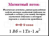 Магнитный поток-. Физическая величина, равная произведению модуля вектора магнитной индукции на площадь и косинус угла между вектором магнитной индукции и вектором нормали к плоскости проводника Ф=В·S·cosα