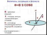 Величины, входящие в формулу Ф=В·S·cosα n. В – магнитная индукция, S – площадь контура, ограничивающего площадку, α – угол между направлением вектора индукции В и нормалью n (перпендикуляром) к площадке. S В α