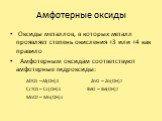 Амфотерные оксиды. Оксиды металлов, в которых металл проявляет степень окисления +3 или +4 как правило Амфотерным оксидам соответствуют амфотерные гидроксиды: Al2O3 – Al(OH)3 ZnO – Zn(OH)2 Cr2O3 – Cr(OH)3 BeO – Be(OH)2 MnO2 – Mn(OH)4