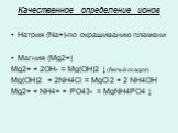 Качественное определение ионов. Натрия (Na+)-по окрашиванию пламени Магния (Mg2+) Mg2+ + 2OH- = Mg(OH)2 ↓(белый осадок) Mg(OH)2 + 2NH4Cl = MgCl2 + 2 NH4OH Mg2+ + NH4+ + PO43- = MgNН4PO4 ↓
