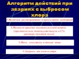 Алгоритм действий при авариях с выбросом хлора. 1. Включите радиоприемник и прослушайте сообщение. 2. Наденьте средства индивидуальной защиты (противогаз или повязку, смоченную в 2 % растворе питьевой соды). 3. Взять документы и ценные вещи. 4. Закрыть все окна и двери