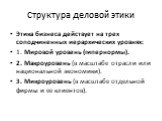 Структура деловой этики. Этика бизнеса действует на трех соподчиненных иерархических уровнях: 1. Мировой уровень (гипернормы). 2. Макроуровень (в масштабе отрасли или национальной экономики). 3. Микроуровень (в масштабе отдельной фирмы и ее клиентов).