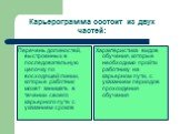 Карьерограмма состоит из двух частей: Перечень должностей, выстроенных в последовательную цепочку по восходящей линии, которые работник может занимать в течении своего карьерного пути с указанием сроков. Характеристика видов обучения, которые необходимо пройти работнику на карьерном пути, с указание