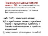 Национальный доход (National Income - NI) - это совокупный доход, заработанный собственниками экономических ресурсов, т.е. сумма факторных доходов. НД = ЧНП – косвенные налоги; НД = заработная плата + арендная плата + процентные платежи + доходы собственников + прибыль корпораций (суммирование факто