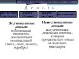 Д е н ь г и. Полноценные деньги собственная стоимость соответствует номинальной (меха, скот, золото, серебро). Неполноценные деньги искусственная денежная система, которая предполагает отказ от золотого стандарта. всеобщий эквивалент, выражающий стоимость товара. мера стоимости всех товаров. средств