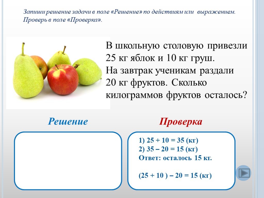 Задачи на свежие фрукты. Решение составных арифметических задач в 2 действия. Задание решение составных задач. Запиши решение задачи. Задача с фруктами с решением.