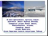 В зоне арктических пустынь лежат: архипелаг Земля Франца Иосифа, Северный остров Новой Земли, Новосибирские острова, Северная Земля остров Врангеля, Узкая береговая полоска полуострова Таймыр