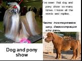 Dog and pony show. I’ve seen that dog and pony show so many times. I know all the words and replies. Часто повторяемое шоу, демонстрация или речь.