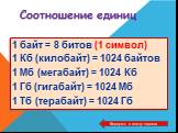 1 байт = 8 битов (1 символ) 1 Кб (килобайт) = 1024 байтов 1 Мб (мегабайт) = 1024 Кб 1 Гб (гигабайт) = 1024 Мб 1 Тб (терабайт) = 1024 Гб. Соотношение единиц