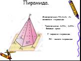 Многоугольник РА1А2А3….Ап основание пирамиды. Треугольники А1РА2, А2РА3 … боковые грани. Р –вершина пирамиды. РН – высота пирамиды