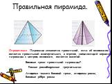 Правильная пирамида. Определение. Пирамида называется правильной, если её основанием является правильный многоугольник, а отрезок, соединяющий вершину пирамиды с центром основания, является высотой. Боковые грани правильной пирамиды? Равные равнобедренные треугольники. Апофема –высота боковой грани,