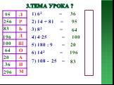 3.Тема урока ? 95 100 20 196 Л Р Ь Щ О А Д П 2) 14 + 81 = 256 4) 4·25 = 64 5) 180 : 9 = 7) 108 - 25 = 1) 62 = 3) 82 = 6) 142 = М 296