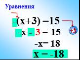 -(х+3) =15 -х – 3 = 15 -х= 18 Уравнения +3 х = -18