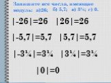 Запишите все числа, имеющие модуль: а)26; |-26|=26 |26|=26 б) 5,7; |-5,7|=5,7 |5,7|=5,7 в) 3¼; |-3¼|=3¼ |3¼|=3¼ г) 0. |0|=0