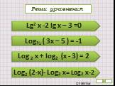 Реши уравнения Lg2 x -2 lg x – 3 =0 Log½ ( 3x – 5 ) = -1 Log 2 x + log2 (x - 3) = 2 Log2 (2-x)- Log2 x= Log2 x-2 ответы