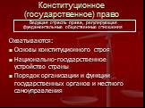 Конституционное (государственное) право. Охватываются: Основы конституционного строя Национально-государственное устройство страны Порядок организации и функции государственных органов и местного самоуправления. Ведущая отрасль права, регулирующая фундаментальные общественные отношения