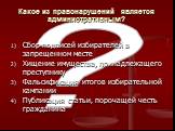 Какое из правонарушений является административным? Сбор подписей избирателей в запрещенном месте Хищение имущества, принадлежащего преступнику Фальсификация итогов избирательной кампании Публикация статьи, порочащей честь гражданина