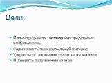 Цели: Иллюстрировать наглядными средствами информацию, Формировать познавательный интерес, Удерживать внимание учащихся на занятии, Проверять полученные знания