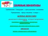 Целевые ориентиры. Требования Стандарта к результатам освоения Программы представлены в виде – целевых ориентиров дошкольного образования, которые представляют собой социально-нормативные возрастные характеристики возможных достижений ребенка на этапе завершения уровня дошкольного образования.