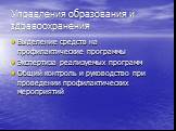 Управления образования и здравоохранения. Выделение средств на профилактические программы Экспертиза реализуемых программ Общий контроль и руководство при проведении профилактических мероприятий