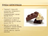 Виды шоколада. Черный (горький) шоколад готовится с наибольшим содержанием какао - более 60%. Молочный шоколад содержит сливки и меньшую долю какао - около 30 %. Белый шоколад не содержит какао-бобов, изготавливается из какао-масла, сухого молока.