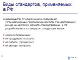 Виды стандартов, применяемых в РФ. В зависимости от назначения и содержания устанавливаемых требований (аспекта стандартизации) и вида конкретного объекта стандартизации, в РФ разрабатываются стандарты следующих видов: основополагающие; на продукцию и услуги; на работы (процессы); на методы контроля