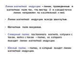 Линии магнитной индукции – линии, проведенные в магнитном поле так, что вектор В в каждой точке линии направлен по касательной к ней. Линии магнитной индукции всегда замкнутые. Магнитное поле вихревое. Северный полюс постоянного магнита, катушки с током, витка с током – полюс, из которого выходят ли