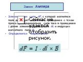 Закон Ампера. Элементарная сила dF, с которой магнитное поле действует на элемент проводника с током прямо пропорциональна силе тока в проводнике I, длине элемента проводника dL и индукции магнитного поля В. Определяется выражением: