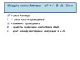 Модуль силы Ампера dF = I . B . dL. Sin α. dF – сила Ампера I - сила тока в проводнике dL – элемент проводника B - модуль индукции магнитного поля α - угол между векторами индукции В и dL