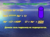 Механизм гидролиза хлорида натрия. H2O H+ + OH- NaСl Na+ + Cl- Na+ +Cl- +HOH Cl- + Na+ + HOH Данная соль гидролизу не подвергается.