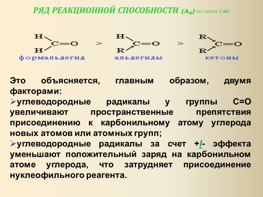 Альдегид не имеющий углеводородного радикала. Реакционная способность карбонильной группы. Реакционная способность нуклеофильного присоединения. Присоединение по карбонильной группе. Ряд реакционной способности.