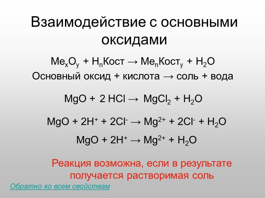 Основной оксид кислотный оксид равно соль. Основный оксид кислота соль вода. Взаимодействие основных оксидов с кислотами. Основный оксид реакции. Реакция основных оксидов с кислотами.