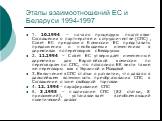 Этапы взаимоотношений ЕС и Беларуси 1994-1997. 1. 10.1994 – начало процедуры подготовки Соглашения о партнерстве и сотрудничестве (СПС), Совет ЕС предложил Комиссии ЕС представить предложения о необходимых изменениях в директивах по переговоров с Беларусью 2. 11.1994 – Совет ЕС утверждает измененные