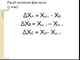 Расчёт влияния факторов (3 этап). ΔXА = Xус1 - XБ ΔXB = Xус 2 – Xус 1 ΔXC = XФ- Xус 2