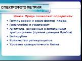 Шкала Фреда позволяет определить: Группу крови и резус-фактор плода Гемоглобин и гематокрит Антитела, связанные с фетальными эритроцитами (прямая реакция Кумбса) Билирубин Количество ретикулоцитов Уровень сывороточного белка