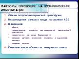 ФАКТОРЫ, ВЛИЯЮЩИЕ НА ВОЗНИКНОВЕНИЕ ИММУНИЗАЦИИ. Объем плодово-материнской трансфузии Несовпадение матери и плода по системе АВ0 В анамнезе: аборты травматизация плаценты при инвазивной пренатальной диагностике кровотечения во время беременности операция ручного отделения плаценты и выделения последа