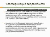 По использованным для запоминания средствам непосредственная натуральная память (прямое механическое запечатление событий и явлений, наиболее простой и примитивный вид памяти, характерный для ранних стадий развития человека как в фило-, так и онтогенезе) внешне опосредованная память (первый шаг к ов