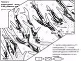 1 – граниты фундамента, 2 – палеодолины, 3 – толщи, выполняющие палеодолины, 4 – проекции рудных залежей на дневную поверхность и и х номера. Геолого-структурный план. Хиагдинского м-я [Пятов,2005].