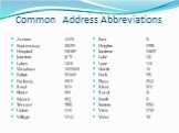 Common Address Abbreviations. Avenue AVE Expressway EXPY Hospital HOSP Junction JCT Lakes LKS Meadows MDWS Palms PLMS Parkway PKY Road RD Shore SH Square SQ Terrace TER Union UN Village VLG. East E Heights HTS Institute INST Lake LK Lane LN North N Park PK Plaza PLZ River RV Rural R South S Station 