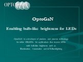 OptoGaN. Enabling bulb-like brightness for LEDs. OptoGaN is a developer of product- and process technology for white HB-LEDs for applications that request LEDs with bulb-like brightness such as Illumination, Automotive and LCD-Backlighting