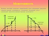 Функцию называют монотонно возрастающей, если с увеличением аргумента значение функции увеличивается, и монотонно убывающей, если с увеличением аргумента значение функции уменьшается.