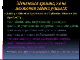 Меняются времена, но не меняются задачи учителя: • дать учащимся прочные и глубокие знания по предмету; • содействовать творческому развитию каждого ученика как на уроке, так и вне урока; • вызвать у ребенка интерес к знаниям, научить его иметь собственное мнение; • воспитывать у детей самостоятельн