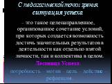 С педагогической точки зрения ситуация успеха. – это такое целенаправленное, организованное сочетание условий, при которых создается возможность достичь значительных результатов в деятельности как отдельно взятой личности, так и коллектива в целом. Лестница Успеха: потребность – мотив – цель – дейст